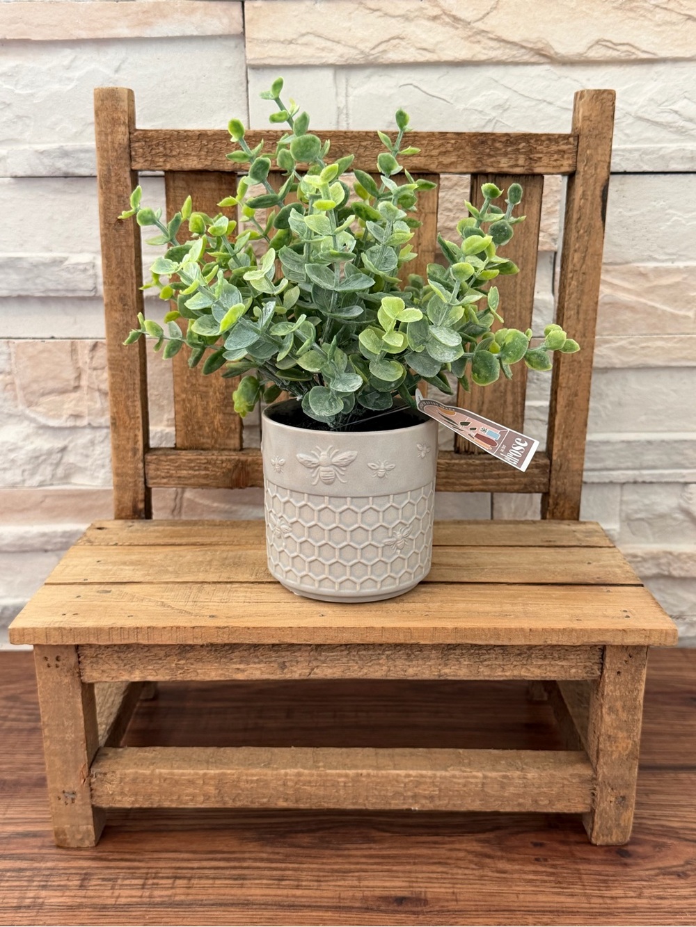 🆕 Decorative Ceramic Bee Planter with Faux Eucalyptus Greenery!